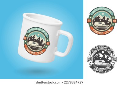 White camping cup. Realistic mug mockup template with sample design. Camping club patch. Vector. Vintage typography design with Camper trailer and mountain silhouette. Outdoor adventure