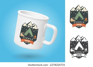 White camping cup. Realistic mug mockup template with sample design. Summer Camping patch. Vector. Vintage typography design with Camper tent, campfire, axe and mountain silhouette