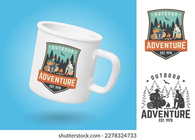 White camping cup. Realistic mug mockup template with sample design. Outdoor adventure badge. Vector. Vintage typography design with camper tent, pot on the fire, axe and mountain silhouette