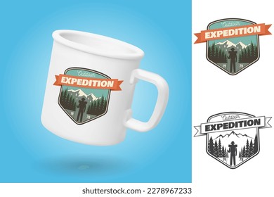 White camping cup. Realistic mug mockup template with sample design. Outdoor expedition patch. Vector. Design with hiker on the mountains. Outdoor adventure