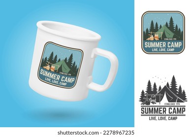 White camping cup. Realistic mug mockup template with sample design. Summer camp patch. Vector. Vintage typography design with camper tent, pot on the fire, axe and night sky silhouette