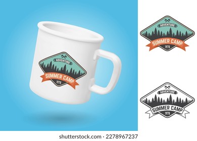 White camping cup. Realistic mug mockup template with sample design. Summer camp patch. Vector. Vintage typography design with axes and forest silhouette. Outdoor adventure