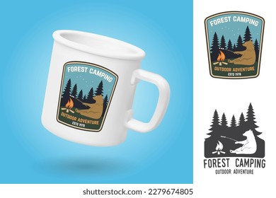 White camping cup. Realistic mug mockup template with sample design. Forest camping. Outdoor adventure. Vector. Vintage typography design with bear and campfire silhouette