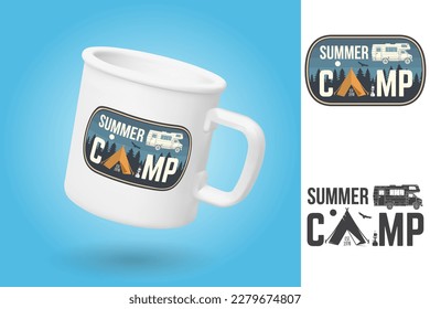 White camping cup. Realistic mug mockup template with sample design. Summer camp. Vector. Vintage typography design with rv trailer, camping tent and forest silhouette