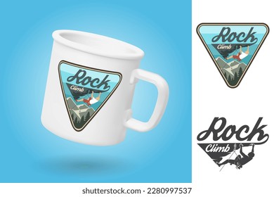 Copa de camping blanco. Plantilla de simulación de taza realista con diseño de muestra. Insignia del club de escalada de rock. Vector. Diseño de tipografía vintage con escalador en las montañas. Aventura al aire libre