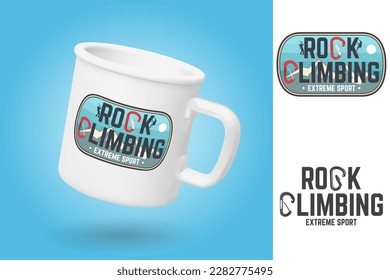 Copa de camping blanco. Plantilla de simulación de taza realista con diseño de muestra. Insignia del club de escalada de rock. Vector. Diseño de tipografía con carabinador de bloqueo de puerta recta para perno y carabinero con nariz de bloqueo de cerradura