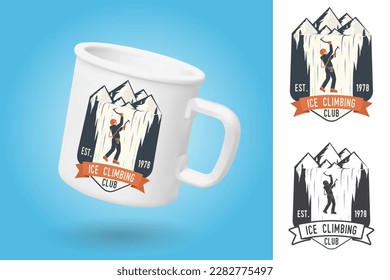 Copa de camping blanco. Plantilla de simulación de taza realista con diseño de muestra. Insignia del club de escalada de hielo. Vector. Concepto de camisa o logotipo, impresión, sello o tee. Diseño de tipografía de época con escalador en