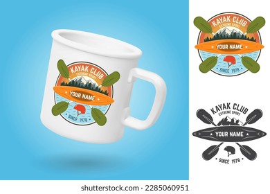 White camping cup. Realistic mug mockup template with sample design. Kayak Club. Vector illustration. Concept for patch, shirt, print, stamp or tee. Sticker, patch design with mountain, helmet and