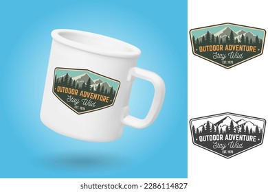 White camping cup. Realistic mug mockup template with sample design. Stay wild, outdoor adventure patch. Vector illustration. Sticker, patch design with mountains and forest silhouette. Outdoor