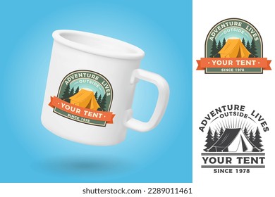 White camping cup. Realistic mug mockup template with sample design. Adventure lives outside your tent. Vector. Vintage design with camping tent and forest silhouette. Camping quote.