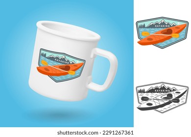 White camping cup. Realistic mug mockup template with sample design. Kayaking patch or sticker. Vector. Concept for shirt or logo, print, stamp or tee. Vintage typography design with kayak and