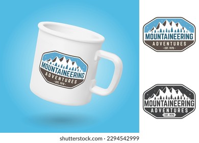 White camping cup. Realistic mug mockup template with sample design. Mountaineering adventure patch. Vector. Concept for alpine club shirt or badge, print, stamp or tee. Vintage design with mountain.