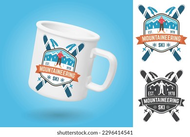 White camping cup. Realistic mug mockup template with sample design. Mountaineering ski patch. Vector. Concept for alpine club shirt, print, stamp. Vintage typography design with mountain silhouette