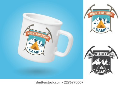 White camping cup. Realistic mug mockup template with sample design. Mountaineering camp patch. Vector. Design with ice axe, camping and mountain silhouette. Outdoors adventure emblem.