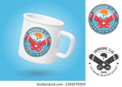 White camping cup. Realistic mug mockup template with sample design. Snowboard Club. Vector. Design with snowboard and helmet silhouette. Extreme winter sport