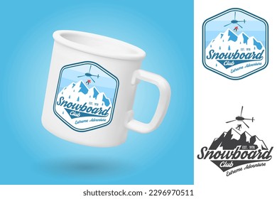 White camping cup. Realistic mug mockup template with sample design. Snowboard Club patch. Vector. Design with snowboard, helicopter and mountain silhouette. Extreme sport.