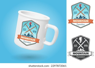 White camping cup. Realistic mug mockup template with sample design. Mountain expedition patch. Vector. Concept for shirt or badge, print, stamp or tee. Design with ice axe, mountaineer and mountain