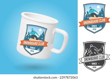 White camping cup. Realistic mug mockup template with sample design. Snowboard Club. Vector. Concept for shirt, print, stamp or tee. Design with snowboarder and mountain silhouette. Extreme winter