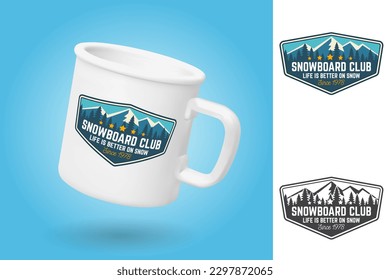 White camping cup. Realistic mug mockup template with sample design. Snowboard Club patch. Vector. Concept for shirt, print, stamp or tee. Design with forest and mountain silhouette. Extreme winter