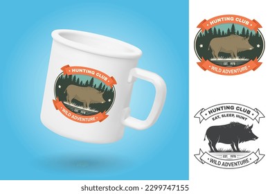 White camping cup. Realistic mug mockup template with sample design. Hunting club badge, patch. Eat, sleep, hunt. Vector. Vintage typography design with boar silhouette. Outdoor adventure hunt club