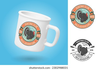 White camping cup. Realistic mug mockup template with sample design. Hunting club badge. Eat, sleep, hunt. Vector. Vintage typography design with turkey silhouette. Outdoor adventure hunt club emblem.