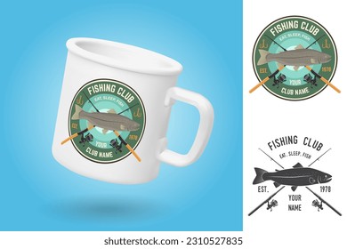 White camping cup. Realistic mug mockup template with sample design. Fishing sport club patch. Vector illustration. Concept for shirt or logo, print, stamp, tee, sticker, patch. Vintage typography