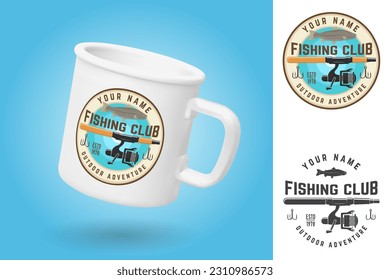 White camping cup. Realistic mug mockup template with sample design. Fishing club patch. Vector illustration. Vintage typography design with fish rod silhouette