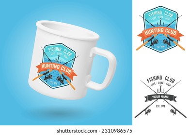 White camping cup. Realistic mug mockup template with sample design. Fishing club patch. Live, love, fish. Vector illustration. Vintage typography design with fish rod and hook silhouette