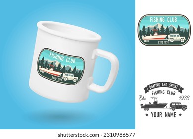 White camping cup. Realistic mug mockup template with sample design. Boating and Sport Fishing club patch. Vector illustration. Vintage typography design with fish rod silhouette