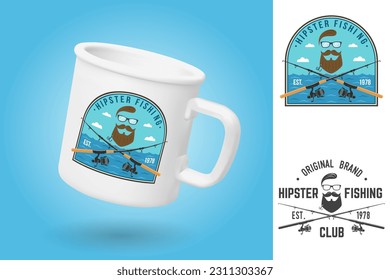 White camping cup. Realistic mug mockup template with sample design. Hipster fishing club patch. Vector illustration. Vintage typography design with fish rod silhouette