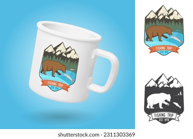 White camping cup. Realistic mug mockup template with sample design. Fishing trip patch. Vector illustration. Vintage typography design with bear and salmon silhouette