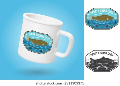 White camping cup. Realistic mug mockup template with sample design. Fishing sport club patch. Vector illustration. Vintage typography design with fish rod and rainbow trout silhouette