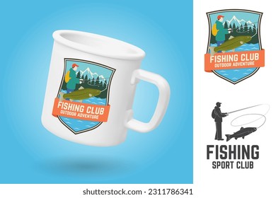 White camping cup. Realistic mug mockup template with sample design. Fishing club patch. Vector illustration. Vintage typography design with Fisherman, river and mountain silhouette