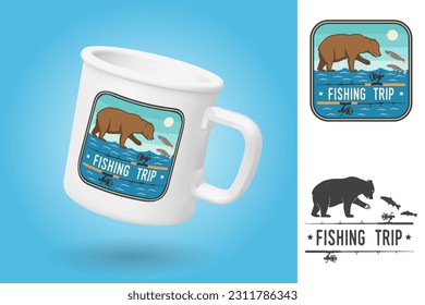 White camping cup. Realistic mug mockup template with sample design. Fishing trip patch. Vector illustration. Vintage typography design with bear and salmon silhouette