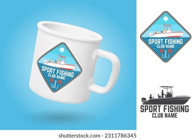 White camping cup. Realistic mug mockup template with sample design. Sport Fishing club patch. Vector. Vintage typography design with fishing boat silhouette