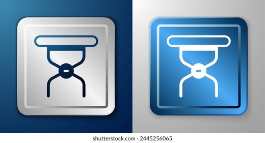 White Camping portable folding chair icon isolated on blue and grey background. Rest and relax equipment. Fishing seat. Silver and blue square button. Vector