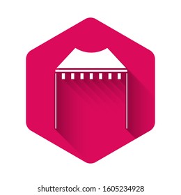 White Camping tent icon isolated with long shadow. Carnival camping tent. Amusement park. Pink hexagon button. Vector Illustration