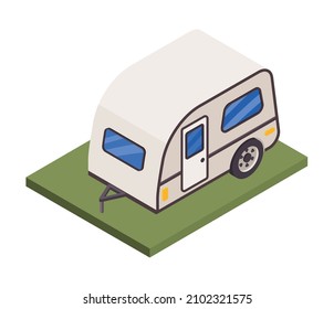 White camping trailer on green grass isometric icon 3d vector illustration