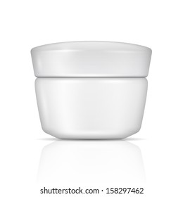 White can for body cream, lotion or gel with lid. Vector illustration. Packaging collection.