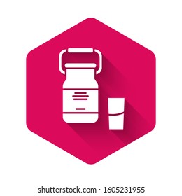 White Can container for milk and glass icon isolated with long shadow. Pink hexagon button. Vector Illustration