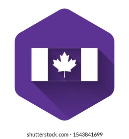 White Canada flag icon isolated with long shadow. Purple hexagon button. Vector Illustration
