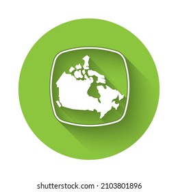 White Canada map icon isolated with long shadow background. Green circle button. Vector