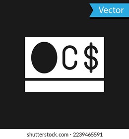 White Canadian dollar currency symbol icon isolated on black background.  Vector
