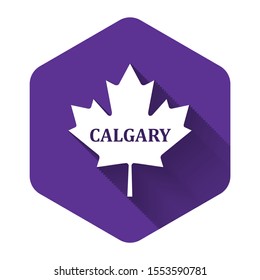 White Canadian maple leaf with city name Calgary icon isolated with long shadow. Purple hexagon button. Vector Illustration