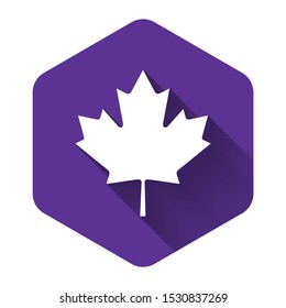 White Canadian maple leaf icon isolated with long shadow. Canada symbol maple leaf. Purple hexagon button. Vector Illustration