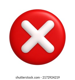 White cancel cross mark icon on round red button. 3d realistic design element. Vector illustration.