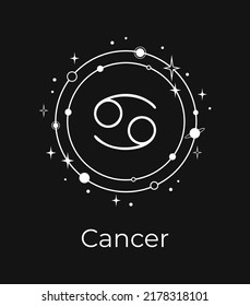 White Cancer sign with planets and stars on a black background