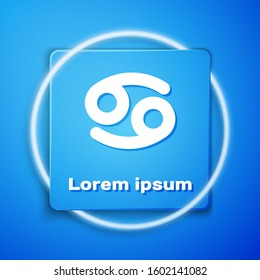 White Cancer zodiac sign icon isolated on blue background. Astrological horoscope collection. Blue square button. Vector Illustration
