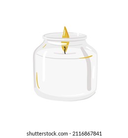 White candle in glass jar. Vector illustration of modern soy candle in glass container.