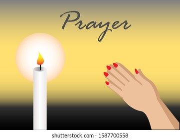 White candle lightening with woman's praying hands . Isolated on yellow gradient background. Vector Illustration. Idea for religion, holy spiritual, hope and peace concept.